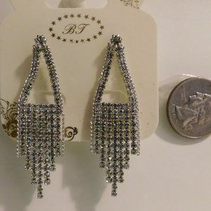 BT Ladies Earrings Drop Dangle Silver Rhinestones Push Back Fasteners